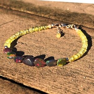 Solid 14k Rose Gold Natural Yellow Sapphire | Black Opal Bracelet , 7" - 7.6"